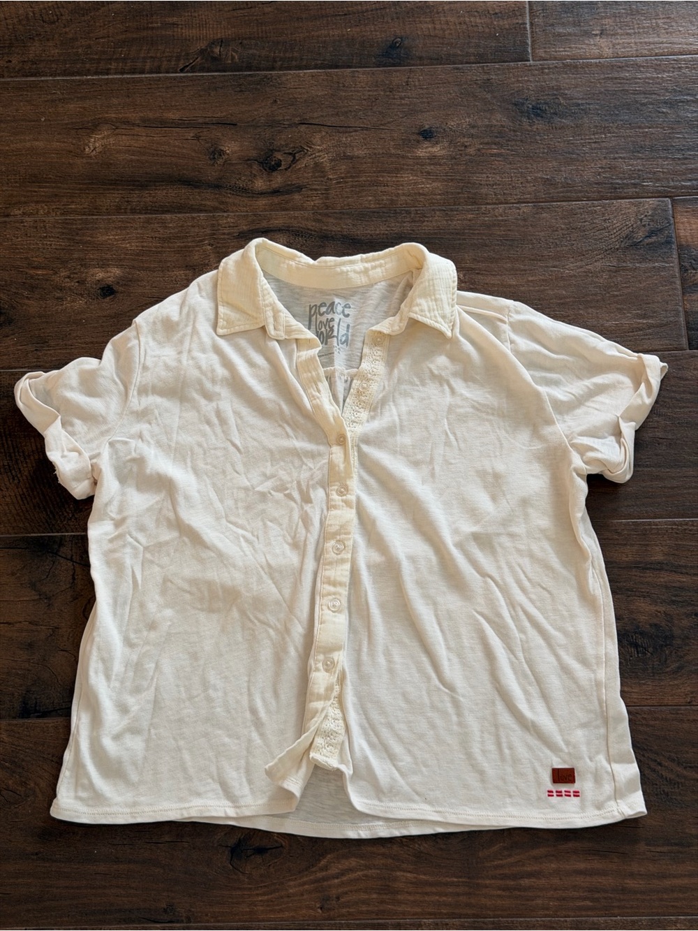 Peace Love World Cream mixed media collared button-Up Shirt